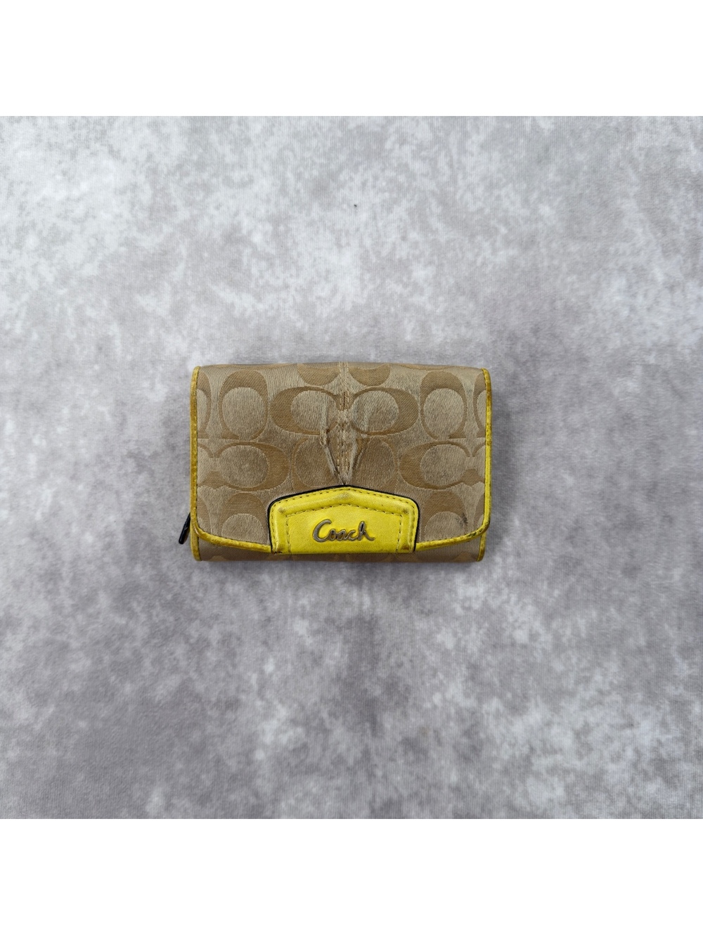 Vintage y2k Coach signature monogram canvas trifold wallet yellow leather trim